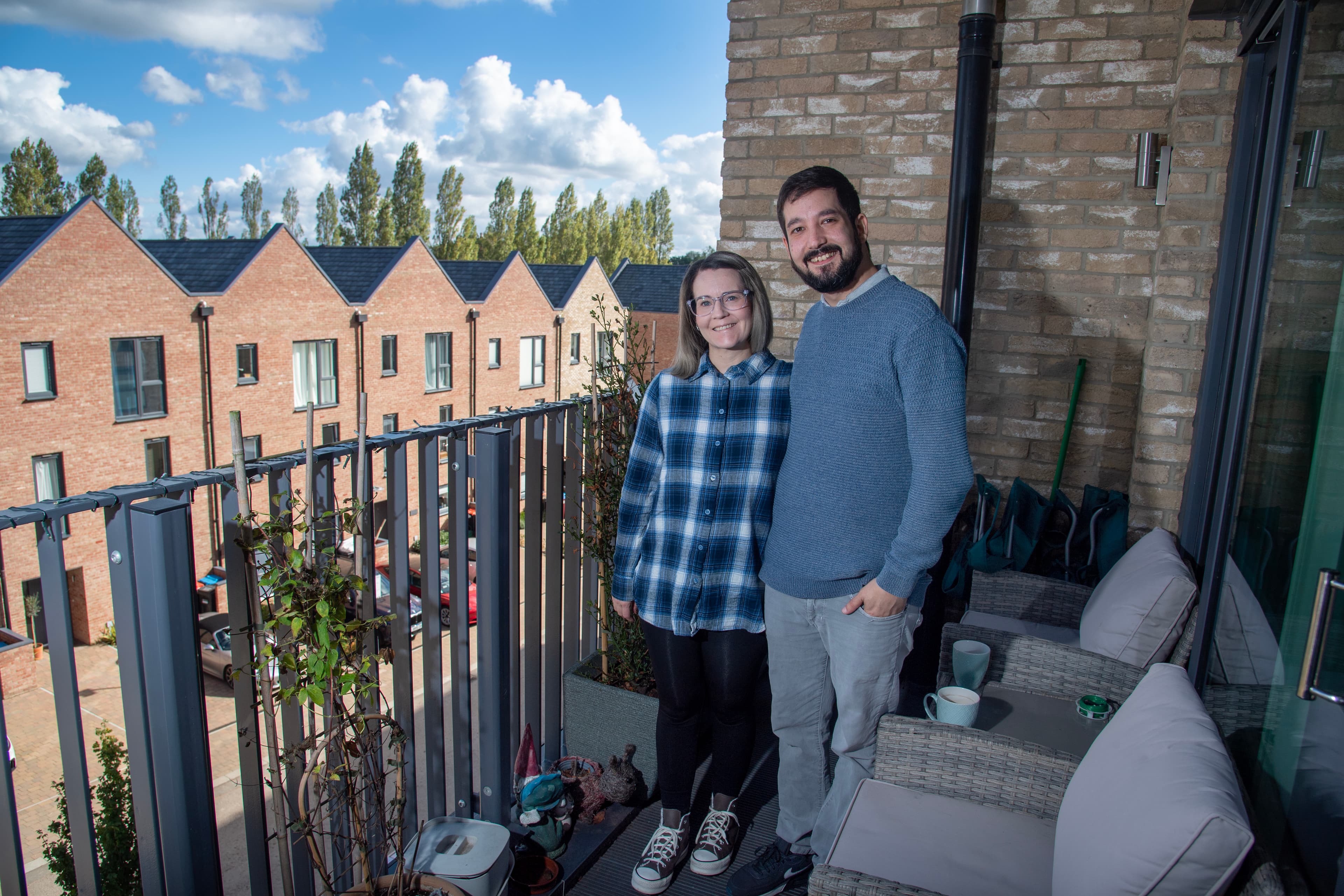 Matthew and Stacy on new build balcony at Campbell Wharf Milton Keynes